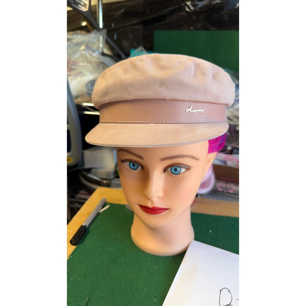 Don Paris Women Beige Baker Boy Newsboy Hat‎ Lambskin Leather Trim Size S